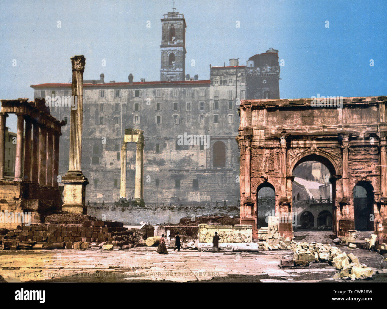 Rome, The Column of Phocas and the Arch of Septimius Severus in the Roman Forum, Rome, Italy; color photochrom ca 1890s Stock Photo