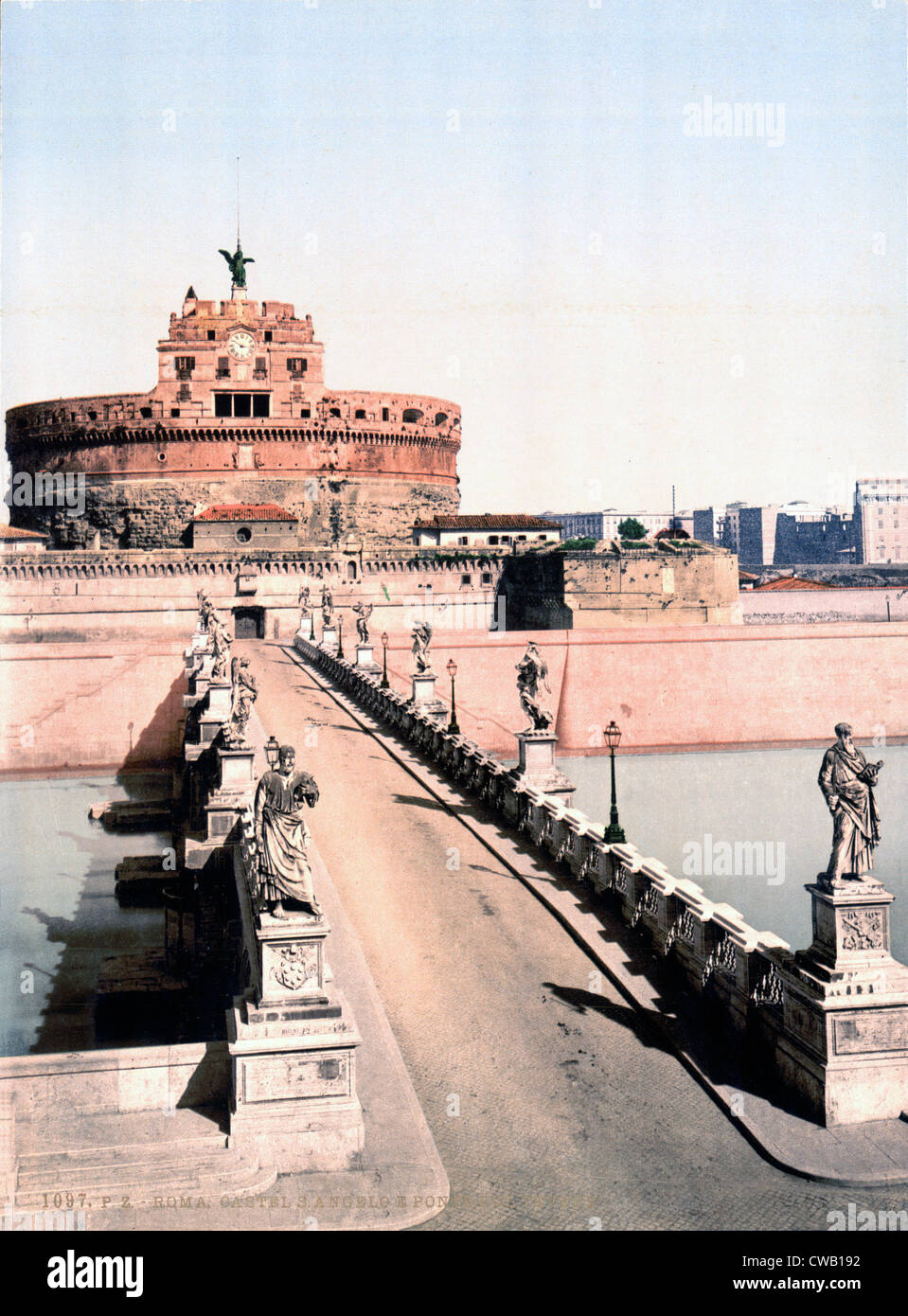 Rome, Castel Sant' Angelo, originally the Mausoleum of Hadrian, and the Ponte Saint Angelo, Rome, Italy; color photochrom ca Stock Photo