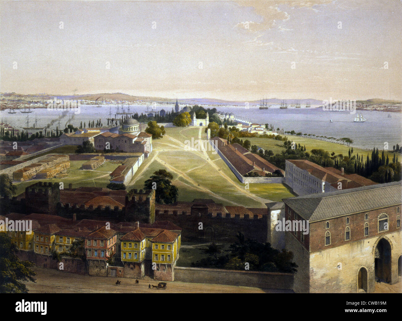 Panorama of Constantinople, including the 4th century Hagia Irene, color lithograph ca 1852 Stock Photo