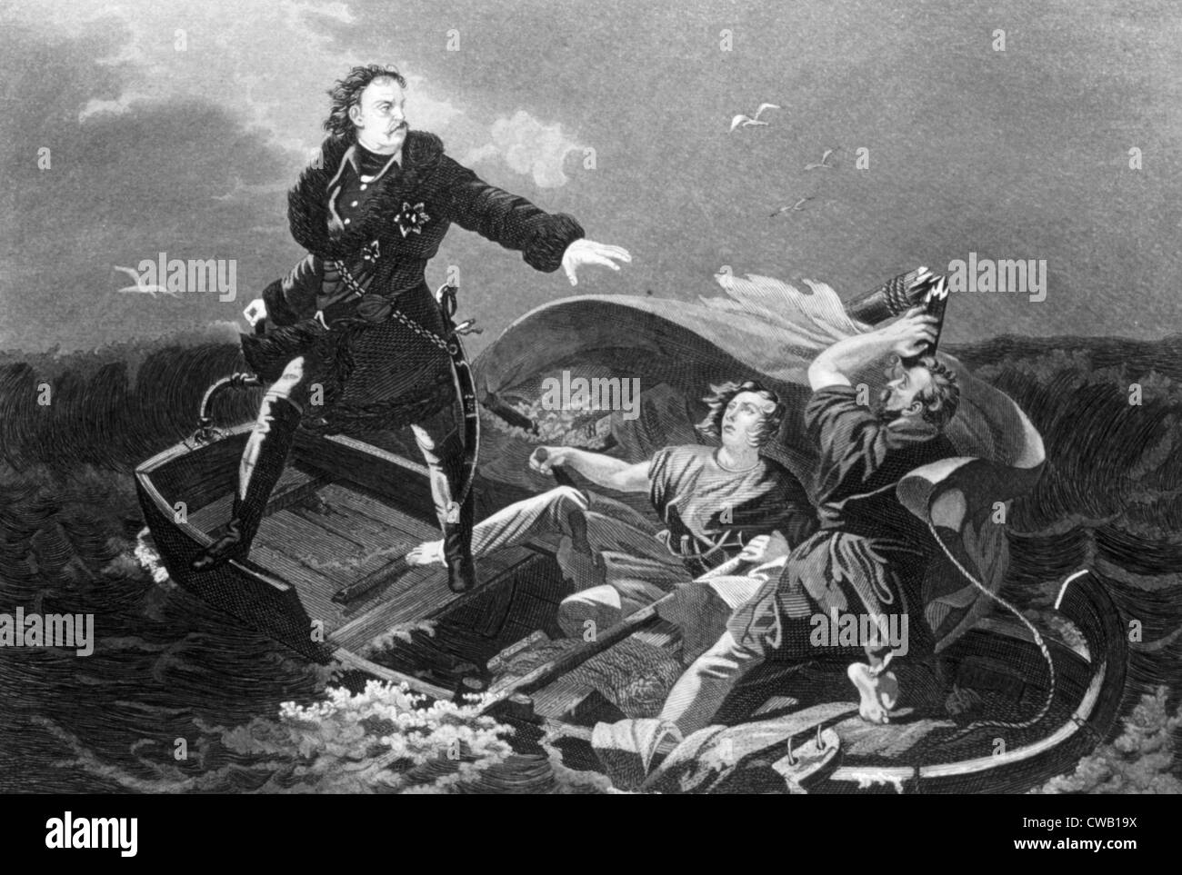 Czar Peter I (aka Peter the Great) crossing the Neva River, engraving 1882 Stock Photo