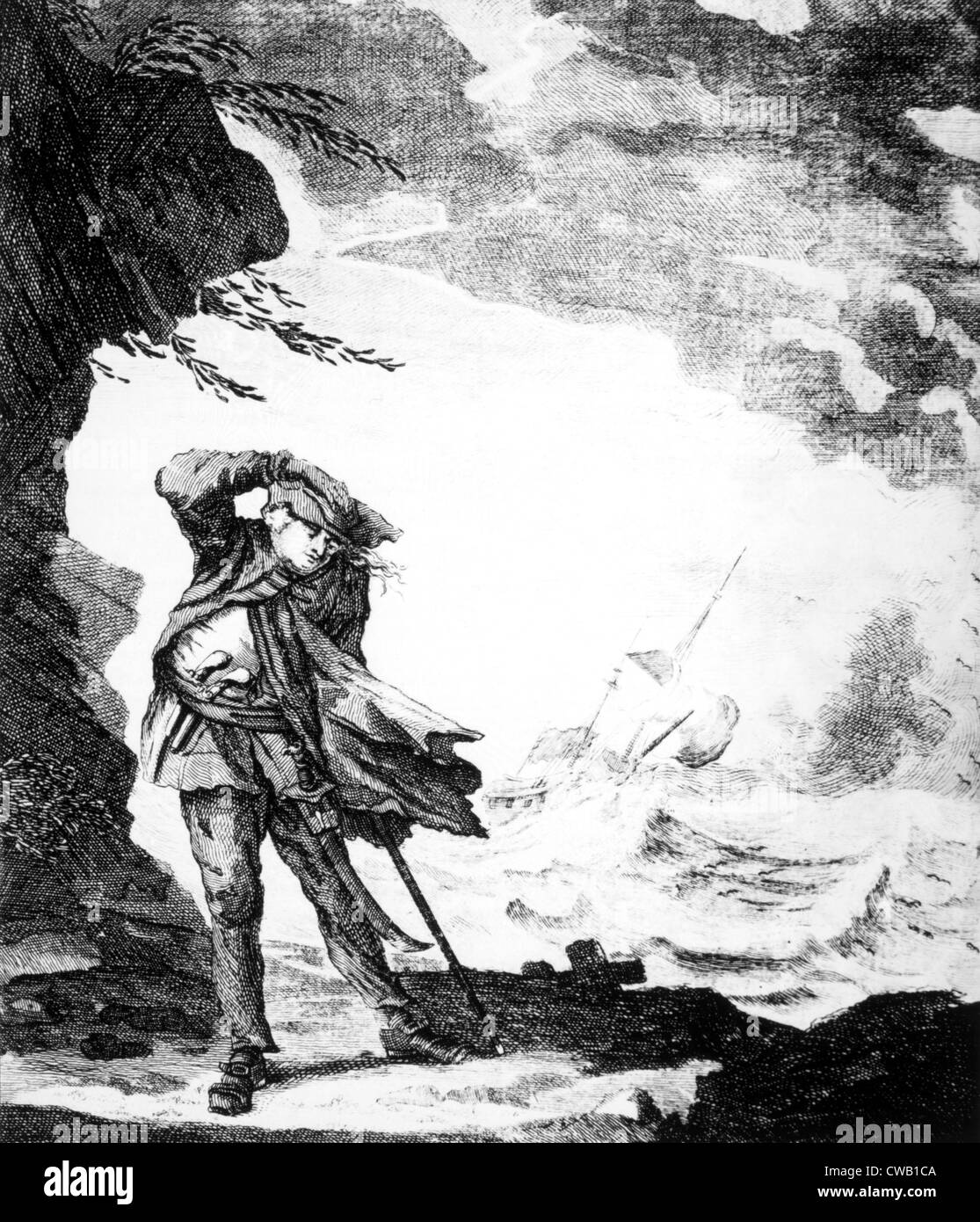 Edward Low, (aka Edward Lowe), English pirate shown on shore watching a ship foundering in a hurricane, c. 1720. Stock Photo