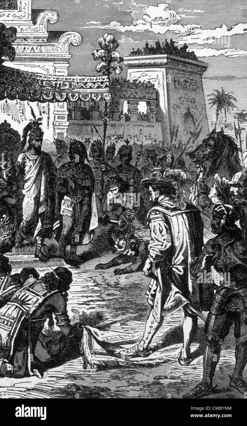 First meeting between Aztec chief Montezuma and Spanish explorer Hernando Cortez (aka Hernando Cortes), November 8, 1519 Stock Photo