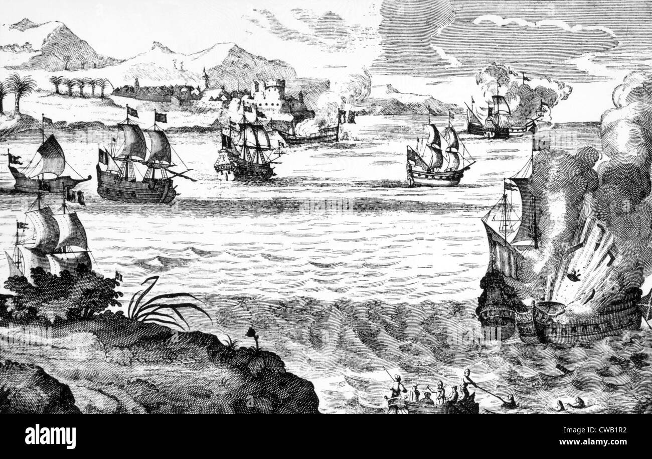 Destruction of the Spanish fleet on Lake Maracaibo in Venezuela by the English pirate Henry Morgan, April 30, 1669. Stock Photo