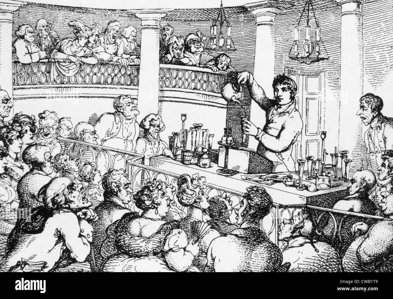 Sir Humphrey Davy (1778-1829) lecturing at the Surrey Institute, engraving by Thomas Rowlandson Stock Photo
