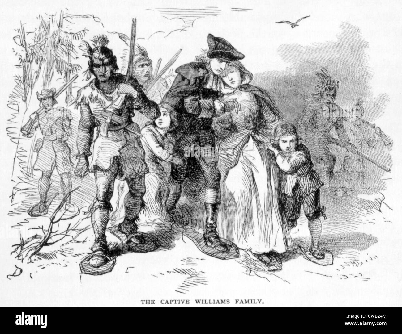 Reverand John Williams and his family captured by Indians in Deerfield, Massachusetts, 1704, engraving 1877 Stock Photo