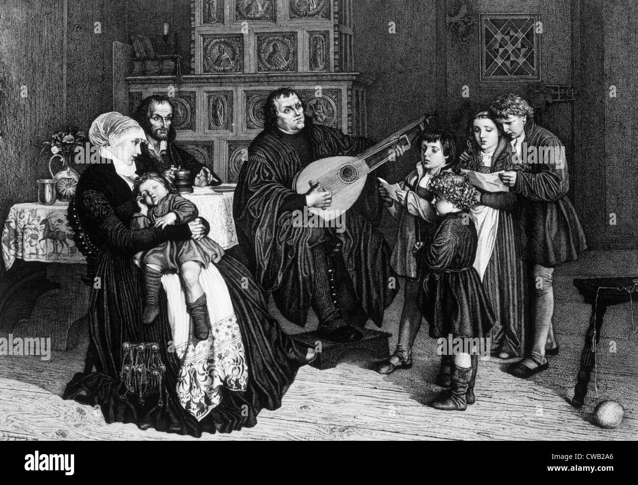 Martin Luther (center) with his family, engraving by L. Schulz after the original by Gustav Adolph Spangenberg, ca. 1900 Stock Photo