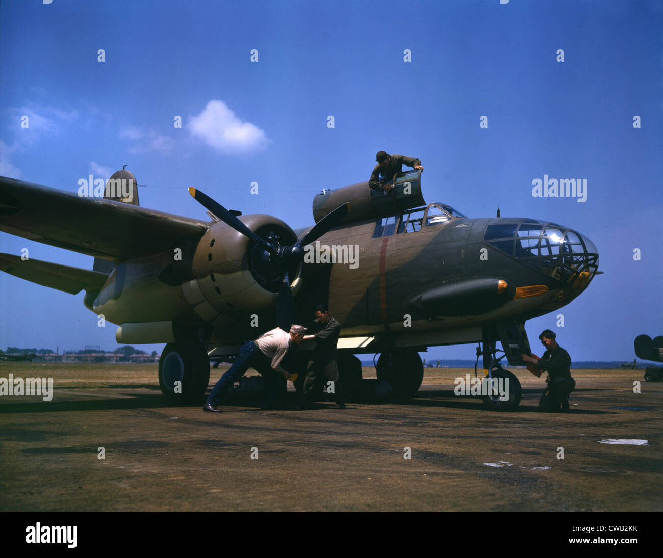 World War II, servicing an A-20 bomber, photograph by Alfred T. Palmer, Langley Field, Viginia, July, 1942. Stock Photo