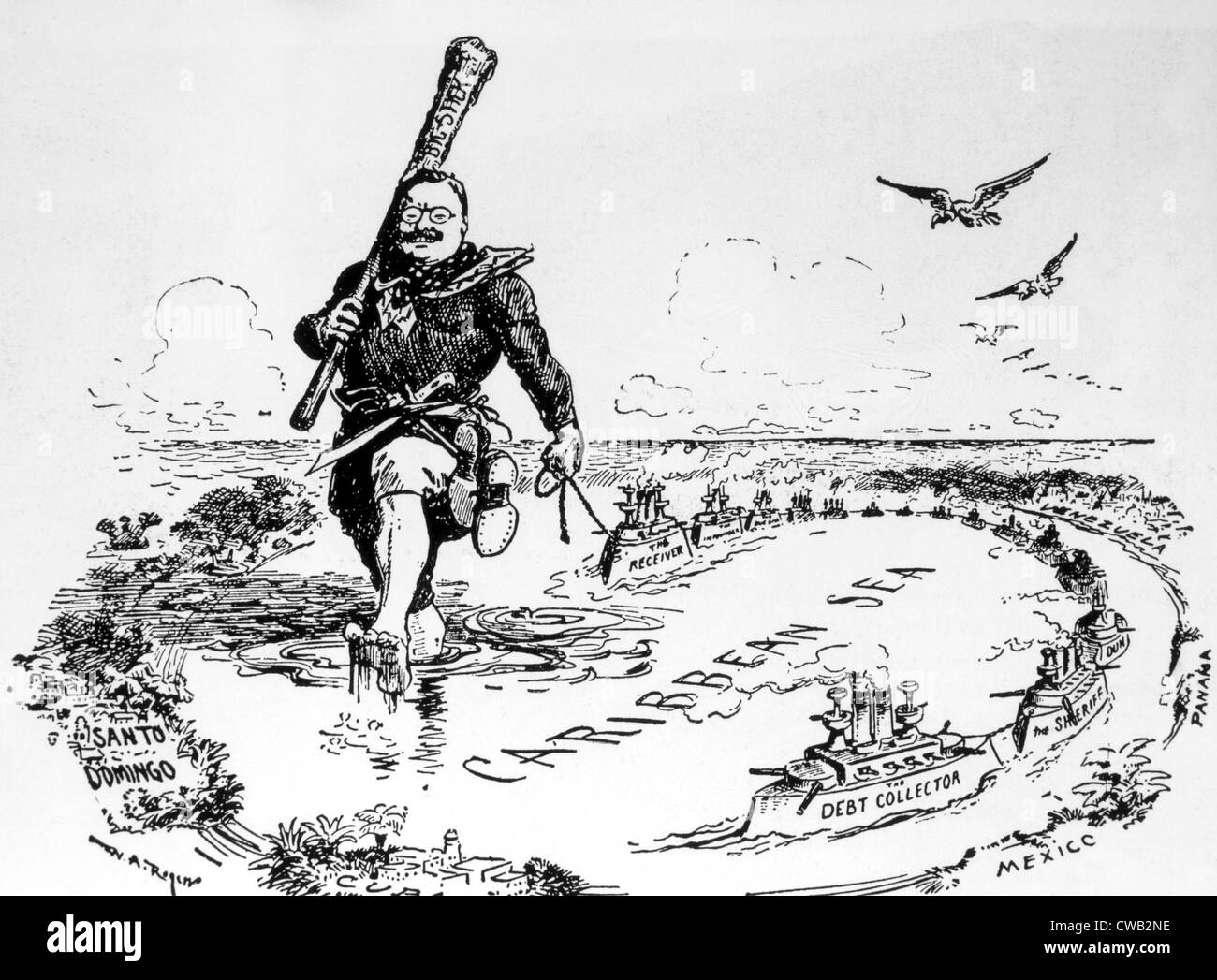 President Theodore Roosevelt patrolling the Caribbean with his 'Big Stick' in a political cartoon, 1904 Stock Photo