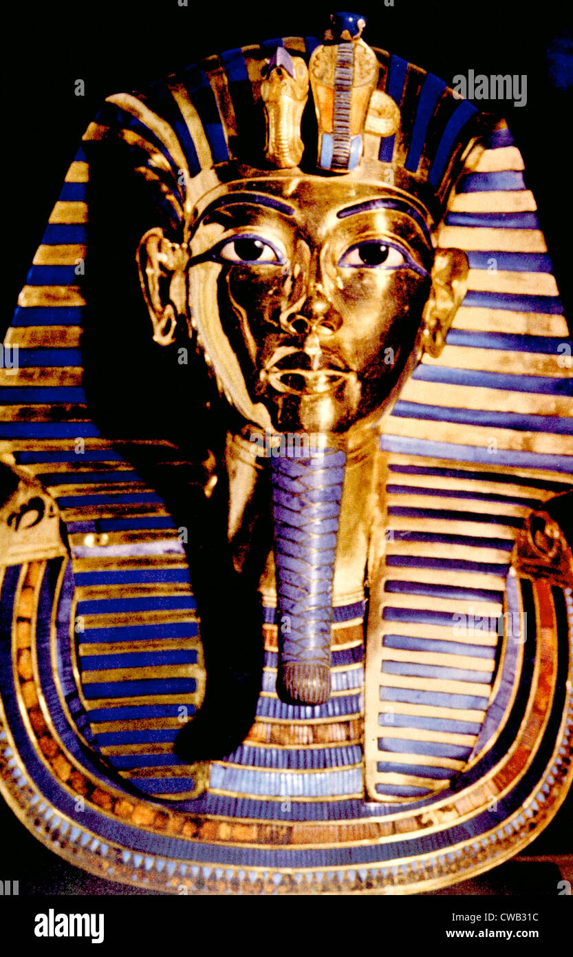 The gold mask which covered the head of the mummy of King Tutankhamon, from the Cairo Museum Stock Photo