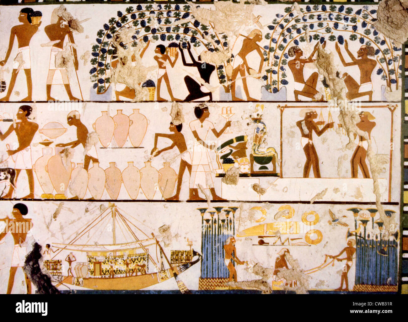 Painting of various Egyptian workers from a tomb in Thebes, Egypt Stock Photo