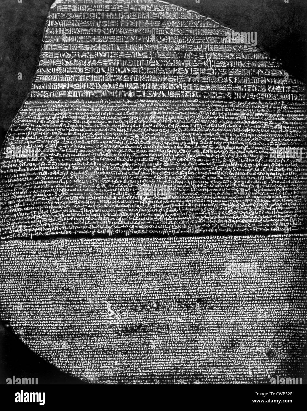 The Rosetta Stone, Basalt slab inscribed by priests of Ptolemy V in hieroglyphics, demonic and Greek, found by Napoleon's Stock Photo