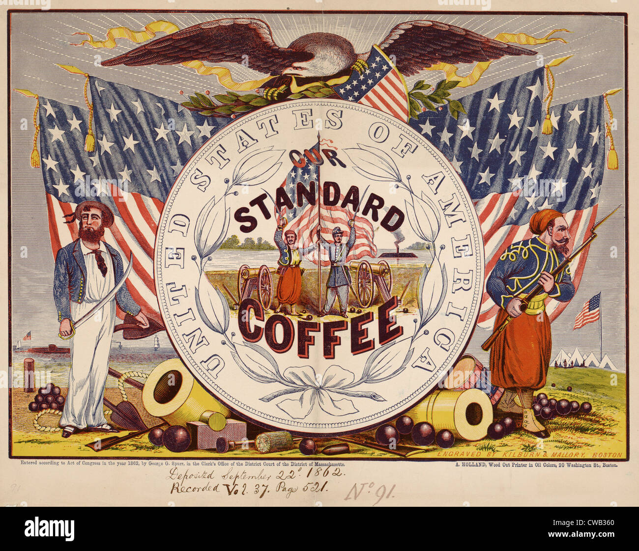 Coffee, United States of America, our standard coffee, illustration with Zouaves, soldier, eagle and flags, circa 1863. Stock Photo