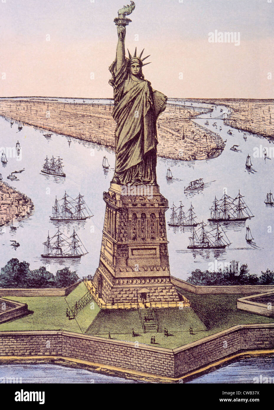 The Statue of Liberty (aka The Great Bertholdi Statue), lithograph by Currier & Ives, 1885 Stock Photo