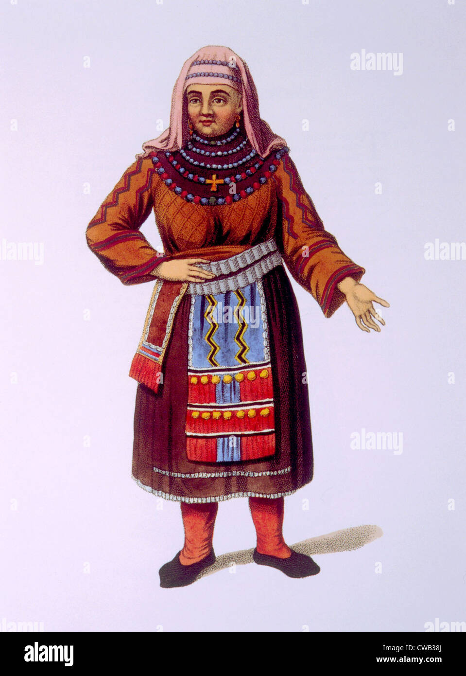 Peasant woman of Finland. hand-colored engraving from Costumes of the Russian Empire, 1803. Stock Photo
