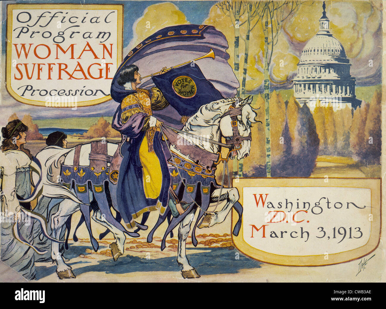 Cover of program for the National American Women's Suffrage Association procession, showing woman, in elaborate attire, with Stock Photo