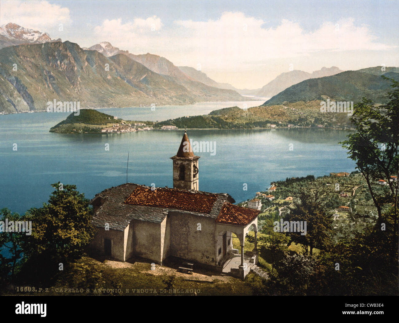 Italy, Lake Como, (Lago Di Como),  Capello St. Angelo and view of Bellagio, photochrom, circa early 1900s. Stock Photo