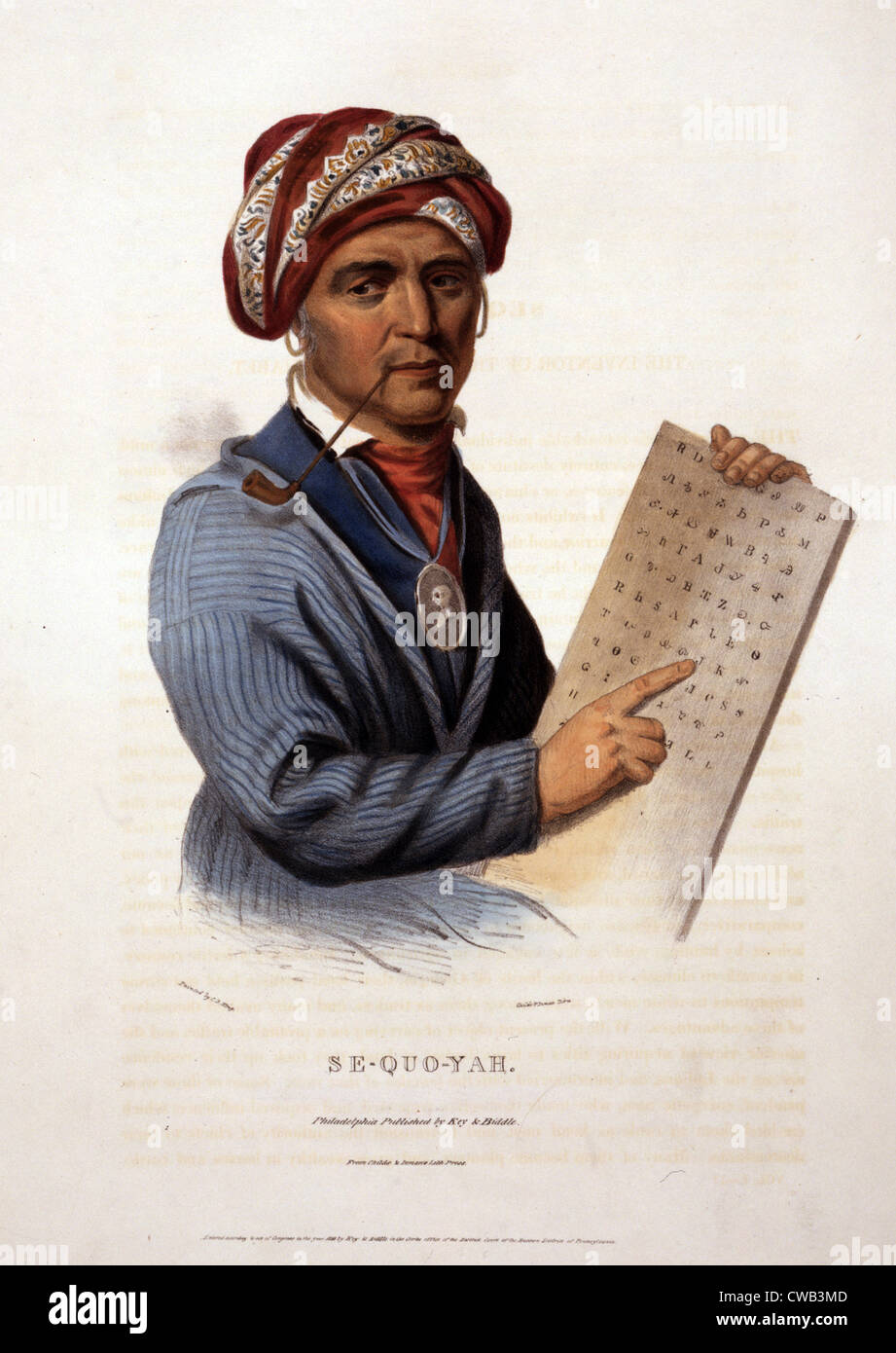 Cherokee Tribe. Se-Quo-Yah, (Sequoyah) holding Cherokee alphabet. Hand-colored  lithograph copy of a portrait painted by Stock Photo