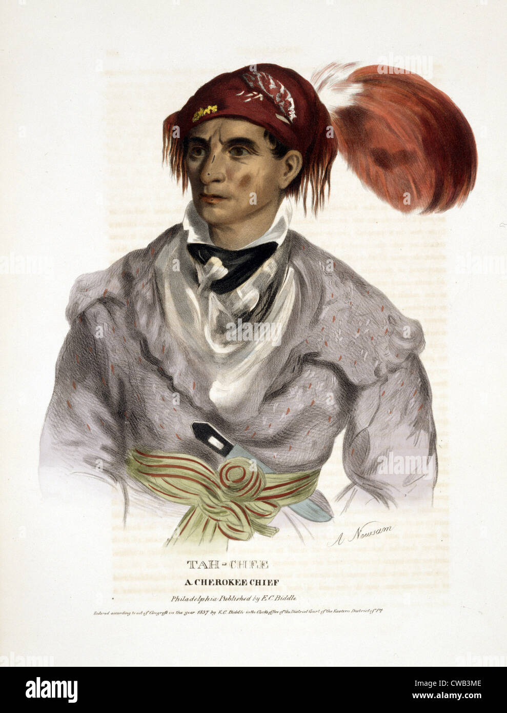 Cherokee Tribe. Tah-chee, a Cherokee chief. Hand-colored lithograph copy of a portrait painted by Albert Newsam. 1837 Stock Photo