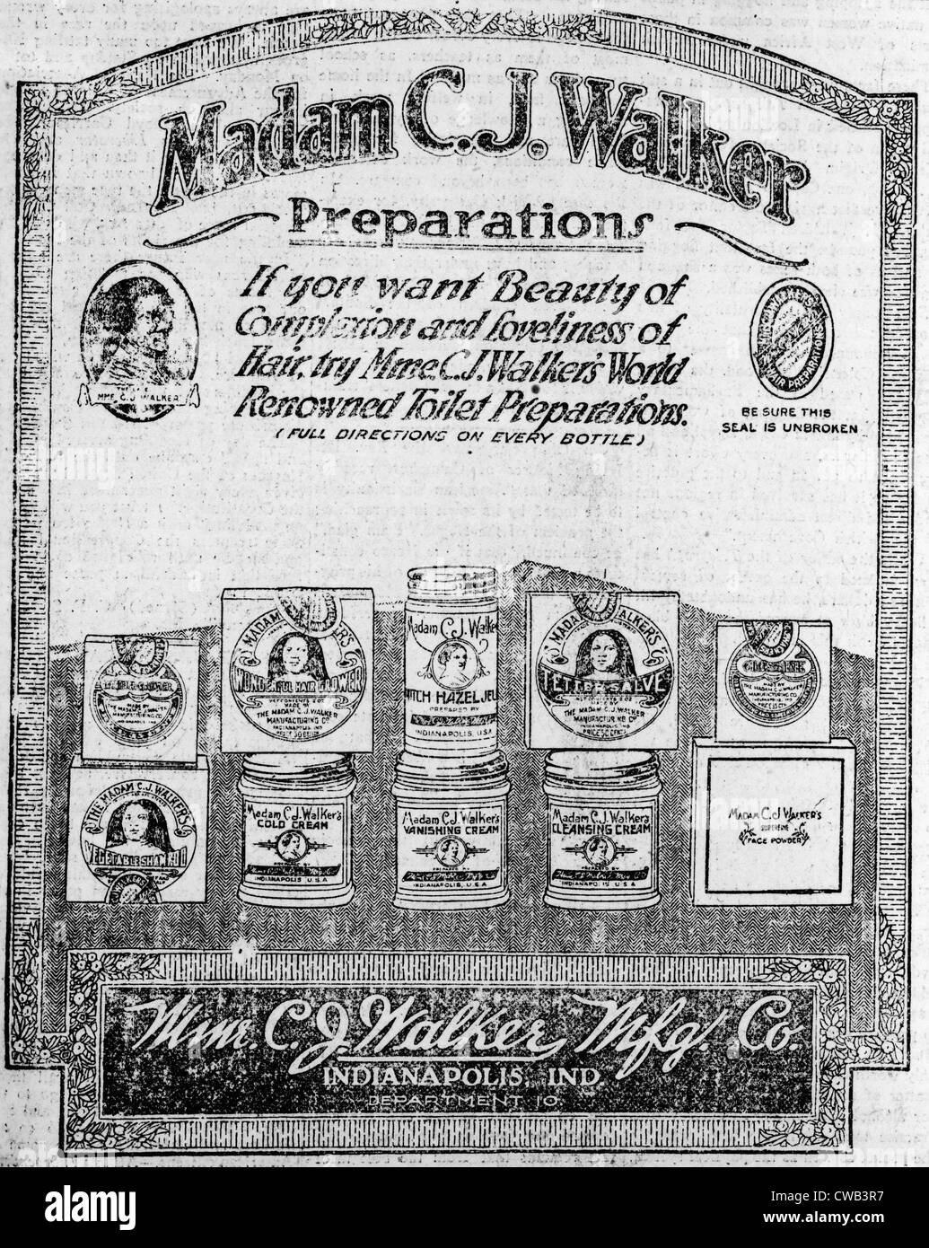 Newspaper ad for Madam C.J. Walker Preparations, 1920 Stock Photo
