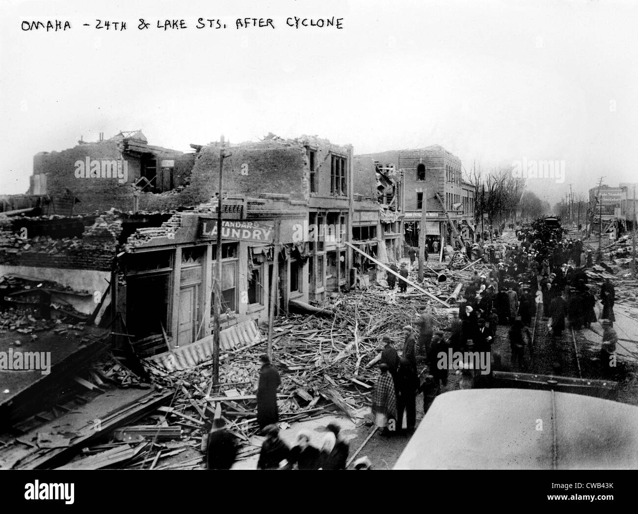 Omaha, 24th Street, and Lake Street, after cyclone, Nebraska, circa ...