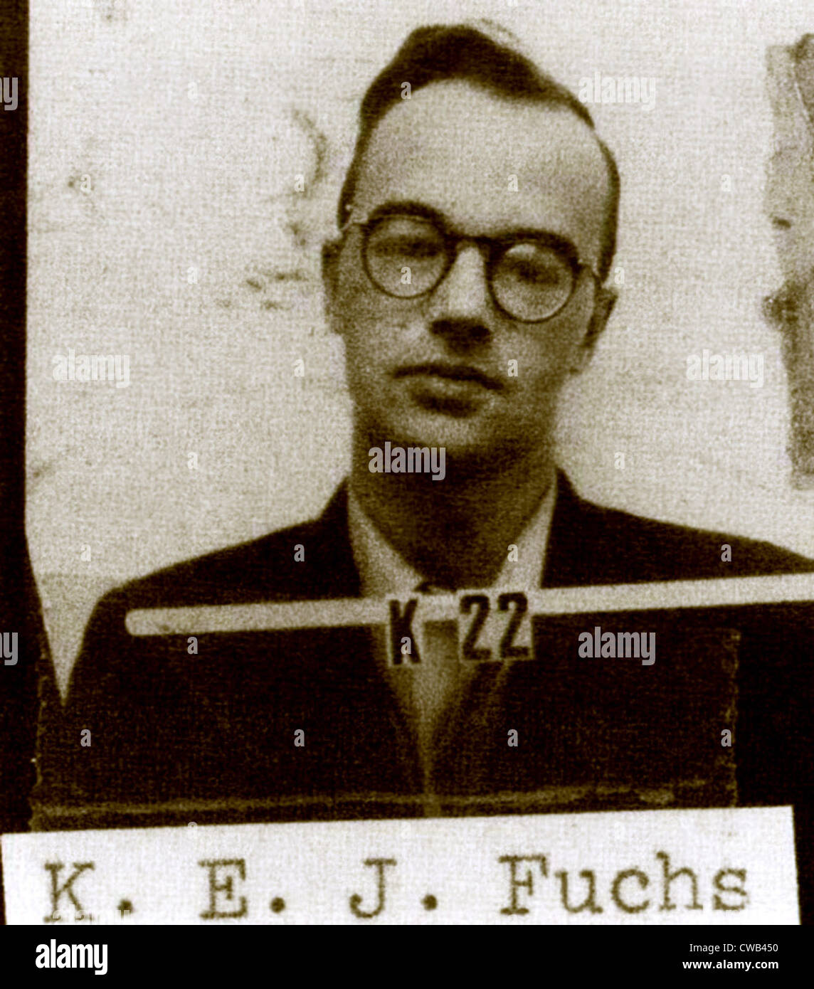 Klaus Fuchs, German-born physicist and atomic spy for the USSR during the Manhattan Project. Los Alamos ID badge photo, ca. 1944 Stock Photo