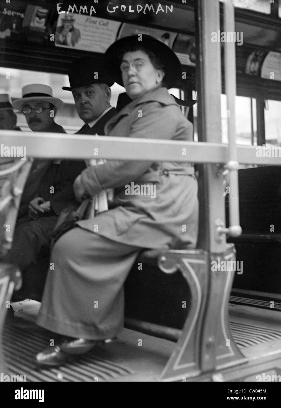 Emma Goldman and Alexander Berkman (with glasses) on a streetcar in San Francisco. Anarchists and radical revolutionaries, they Stock Photo