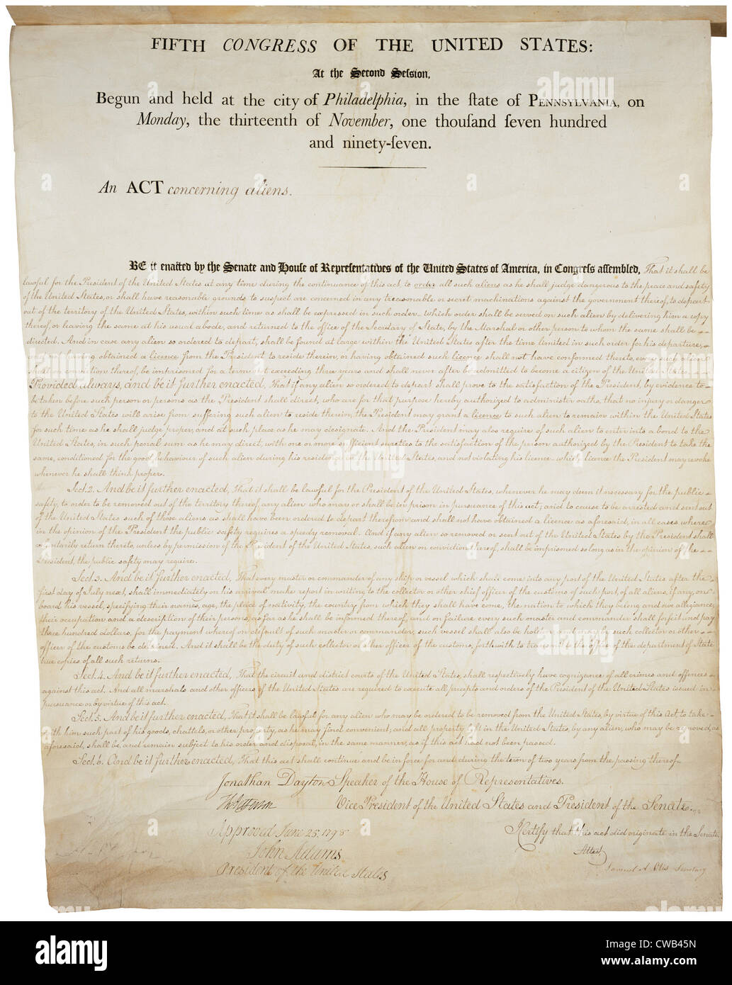 The Alien Act and Sedition Acts. Passed in preparation for an anticipated war with France, the Alien and Sedition Acts Stock Photo