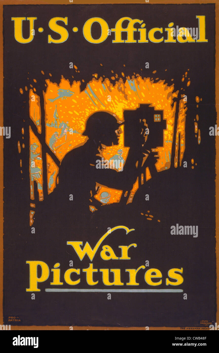 World War I, poster showing a war photographer, text reads: 'U.S. official war pictures', lithograph by Louis Fancher, 1917. Stock Photo