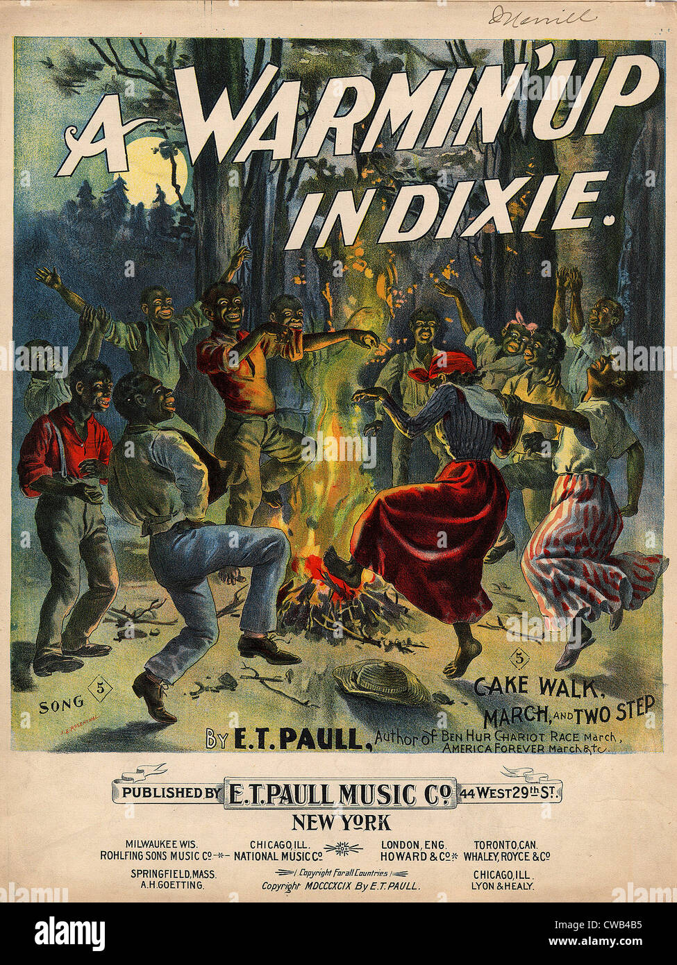 Sheet music, 'A Warmin' up in Dixie', cake walk, march and two step, illustration shows African Americans dancing around a Stock Photo