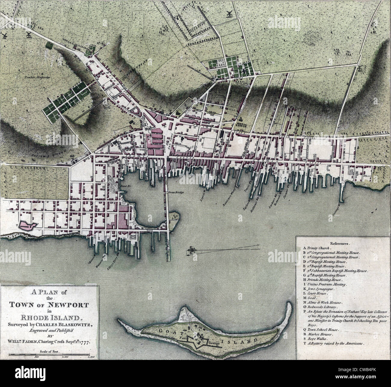 Maps. A plan of the town of Newport in Rhode Island. Surveyed by Charles Blaskowitz, engraved and publish'd by Willm. Faden. Stock Photo
