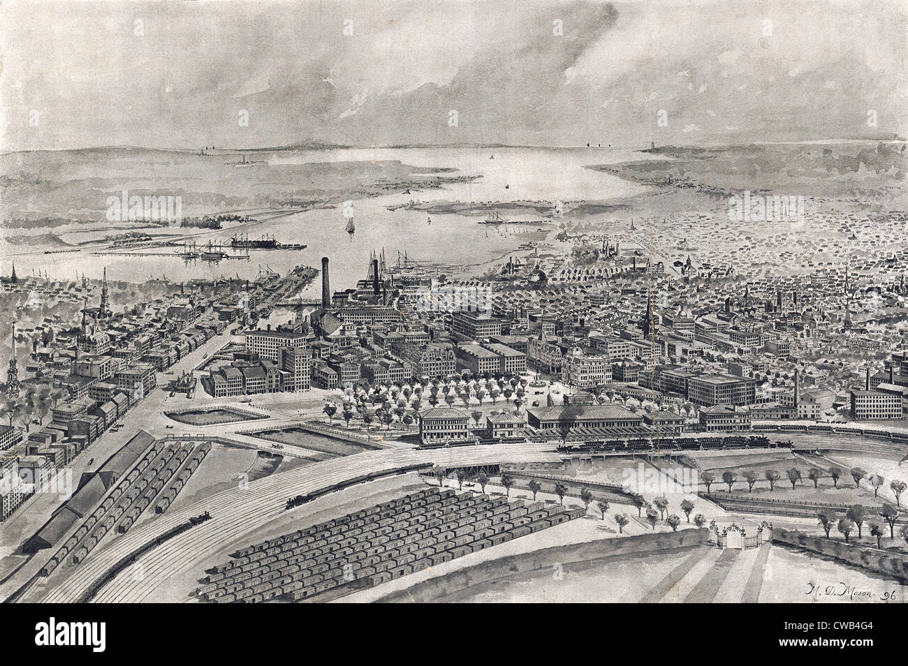 Rhode Island. View of the city of Providence as seen from the dome of the new State House. Drawn by M. D. Mason, published in Stock Photo