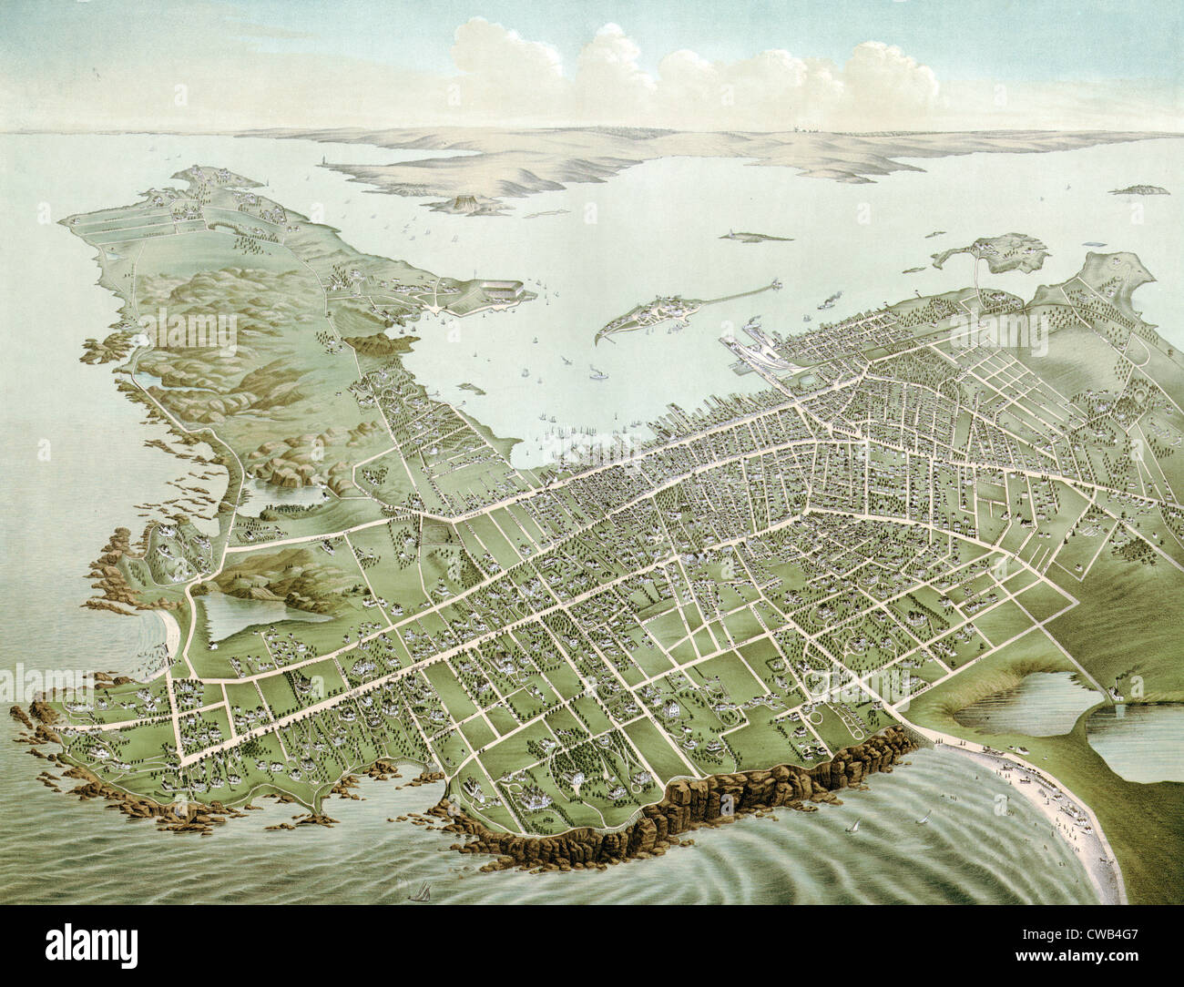 Rhode Island. An aerial view of Newport, Rhode Island, ca. 1878 Stock Photo