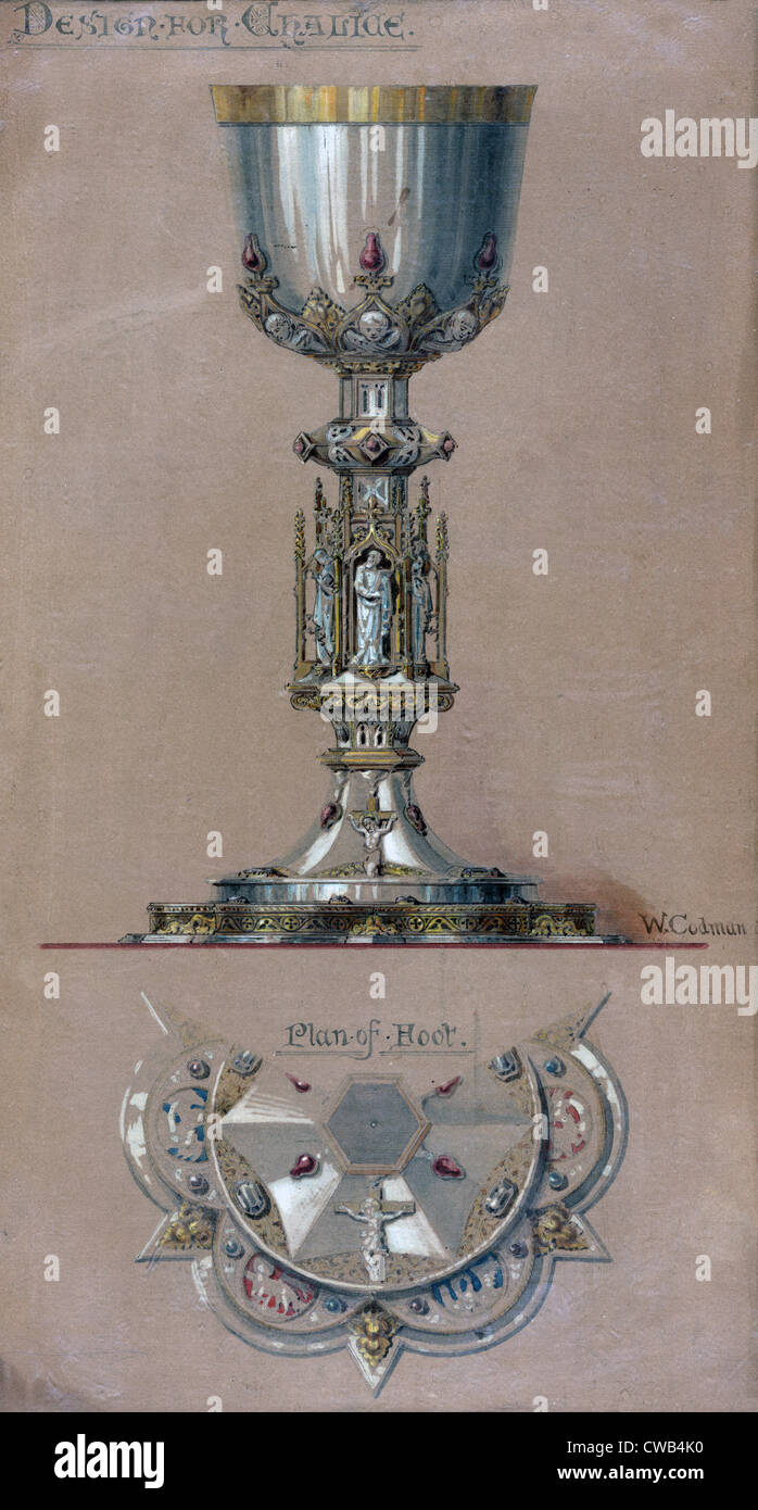 Gorham Silver. Design drawing for metalwork: 'Design for Chalice, Plan of Foot.' Gothic treasure/reliquary style, jeweled, with Stock Photo