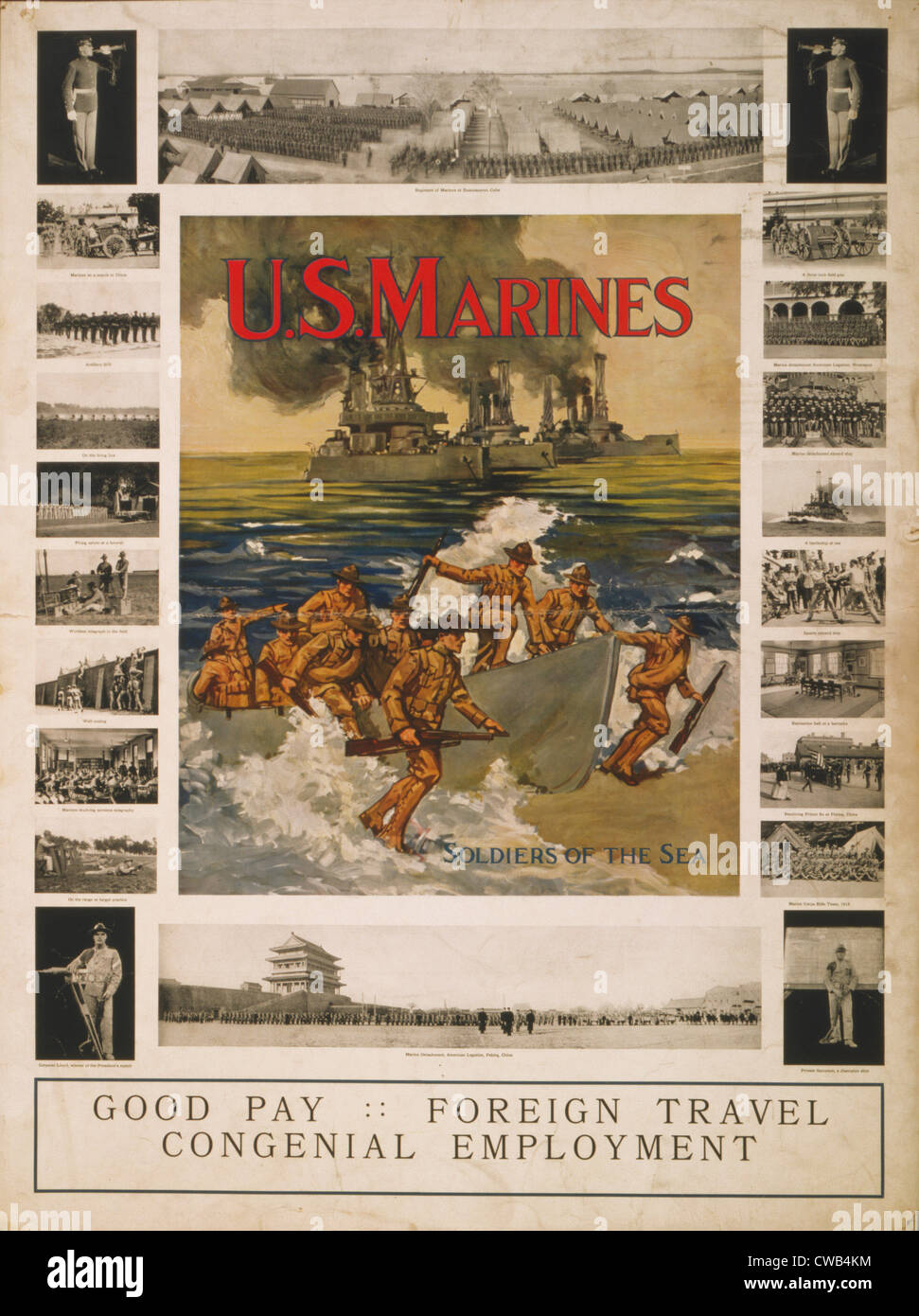 U.S. Marines recruitment poster showing marines coming ashore with ships in background, shows a series of views of marines Stock Photo