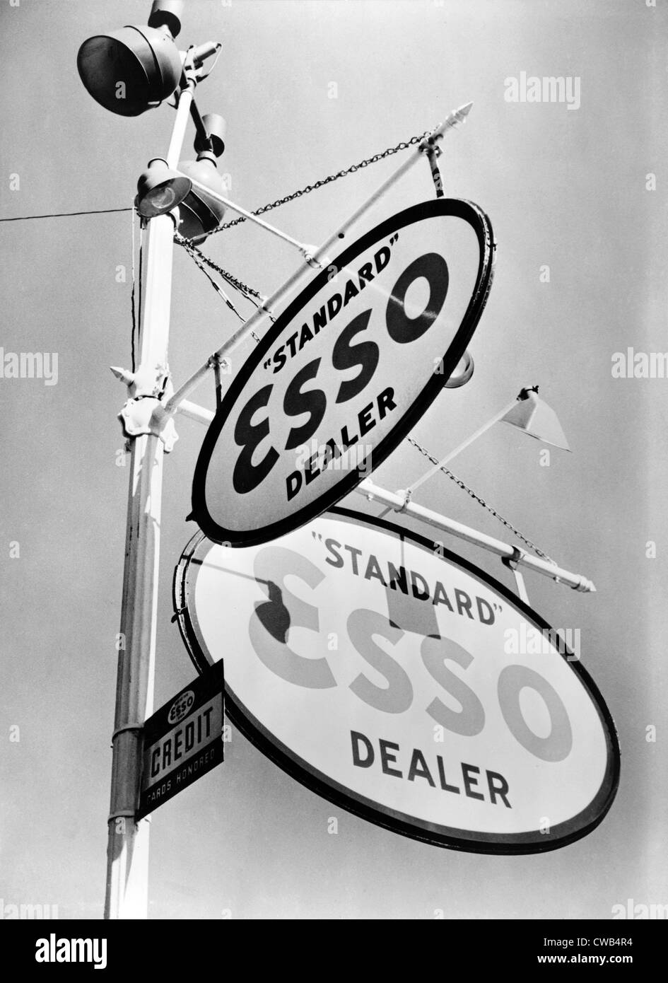 Esso. Gasoline sign on Chestnut Street, Philadelphia, Pennsylvania. Paul Vanderbilt, July 1939. Stock Photo