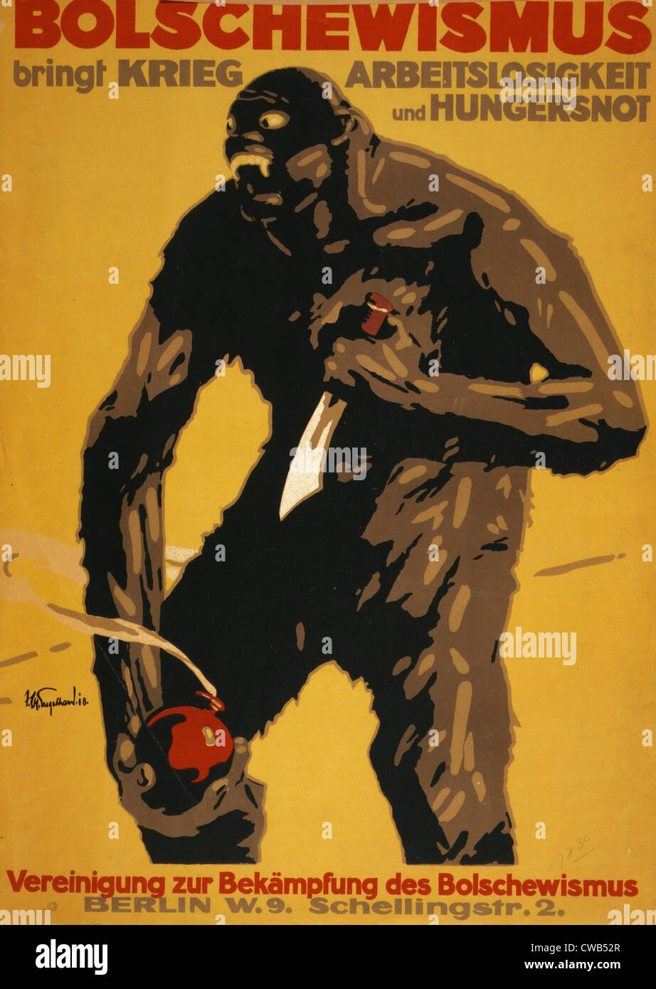 World War I, Bolshevism, German poster shows a monster as a Bolshevik holding a knife and a bomb. Text: 'Bolshevism brings war, Stock Photo