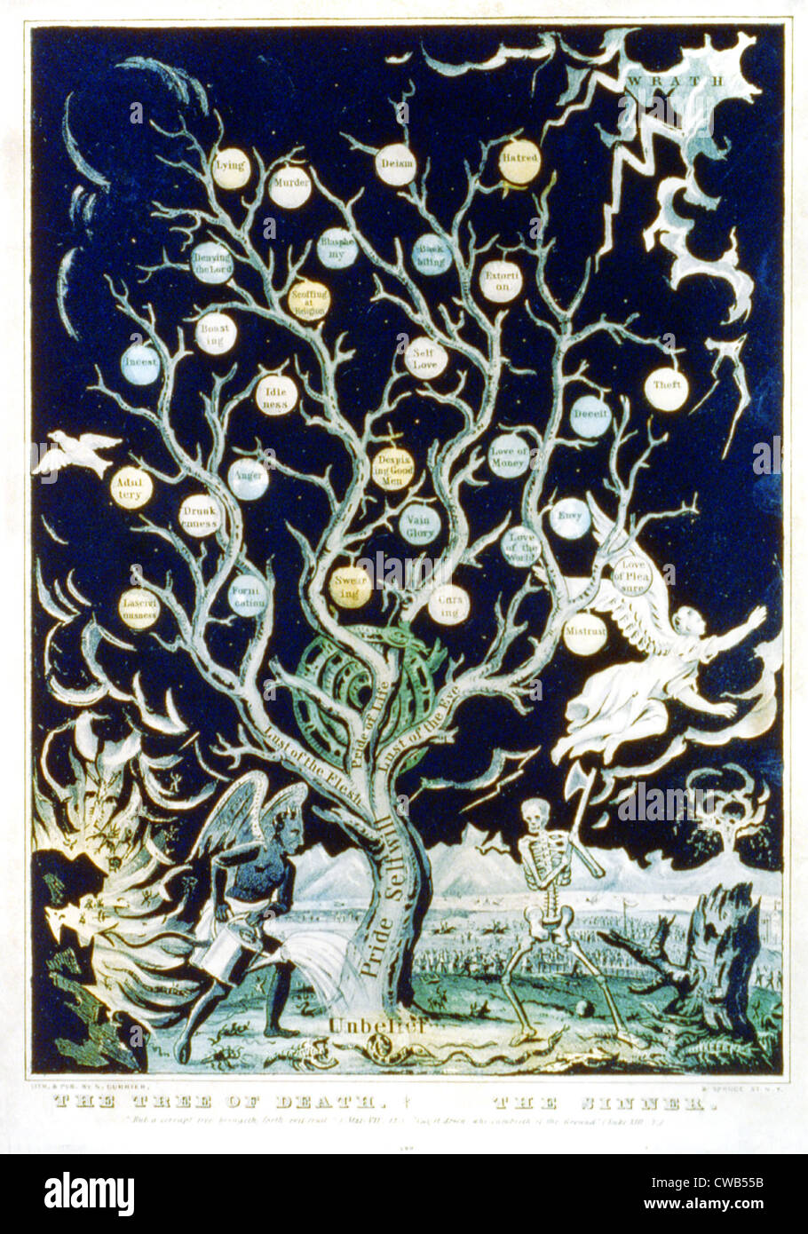 The Tree of Death - The Sinner, devil watering tree of sins and skeleton about to chop it down, lithograph, Published by Stock Photo