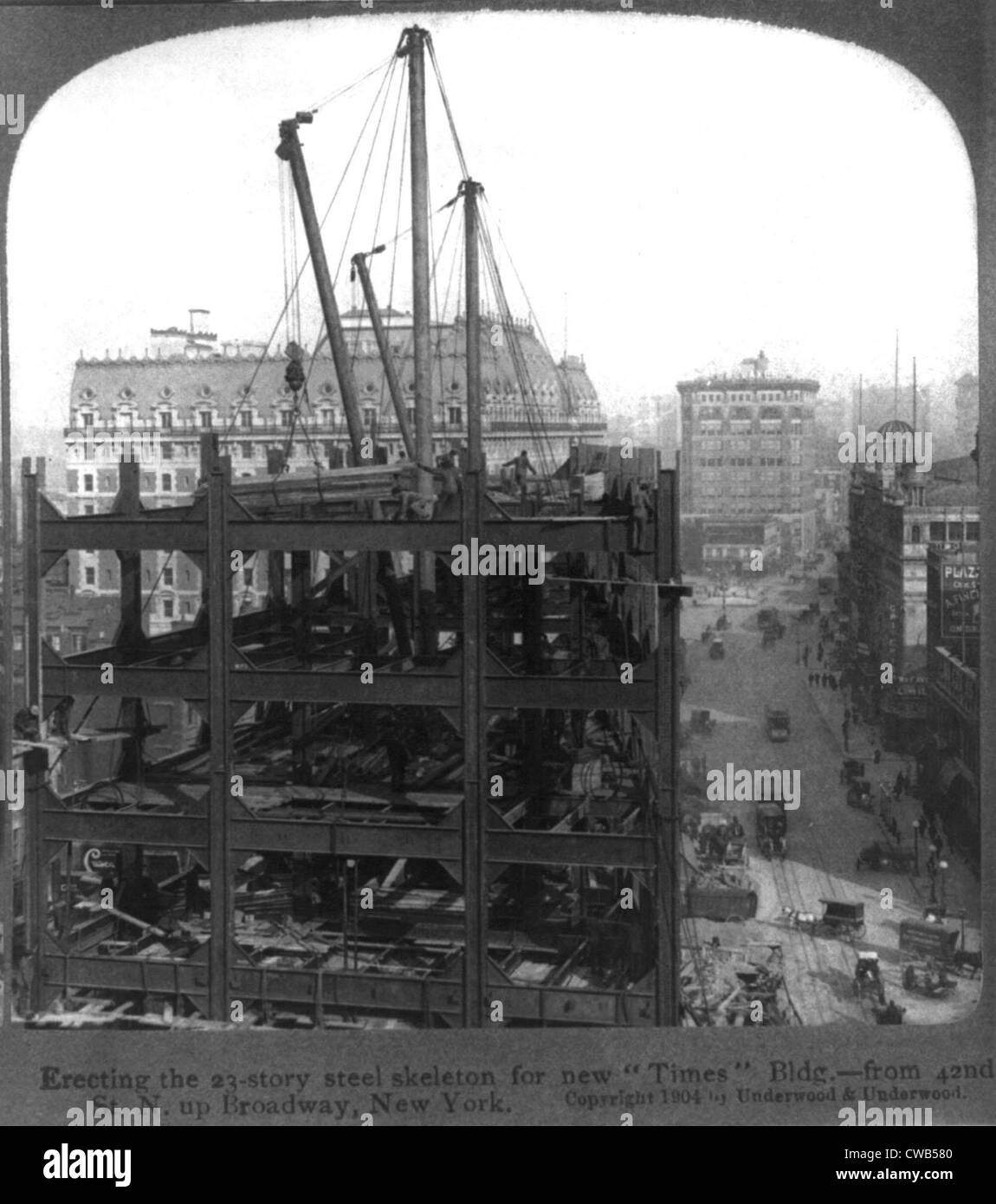 New York City, erecting the 23 story steel skeleton for the Times Building from 42nd Street North up Broadway, New York, Stock Photo