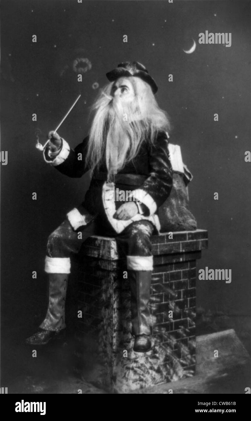 Christmas, 'caught in the act', Santa Claus seated on model of chimney smoking long pipe and blowing circles of smoke, Stock Photo