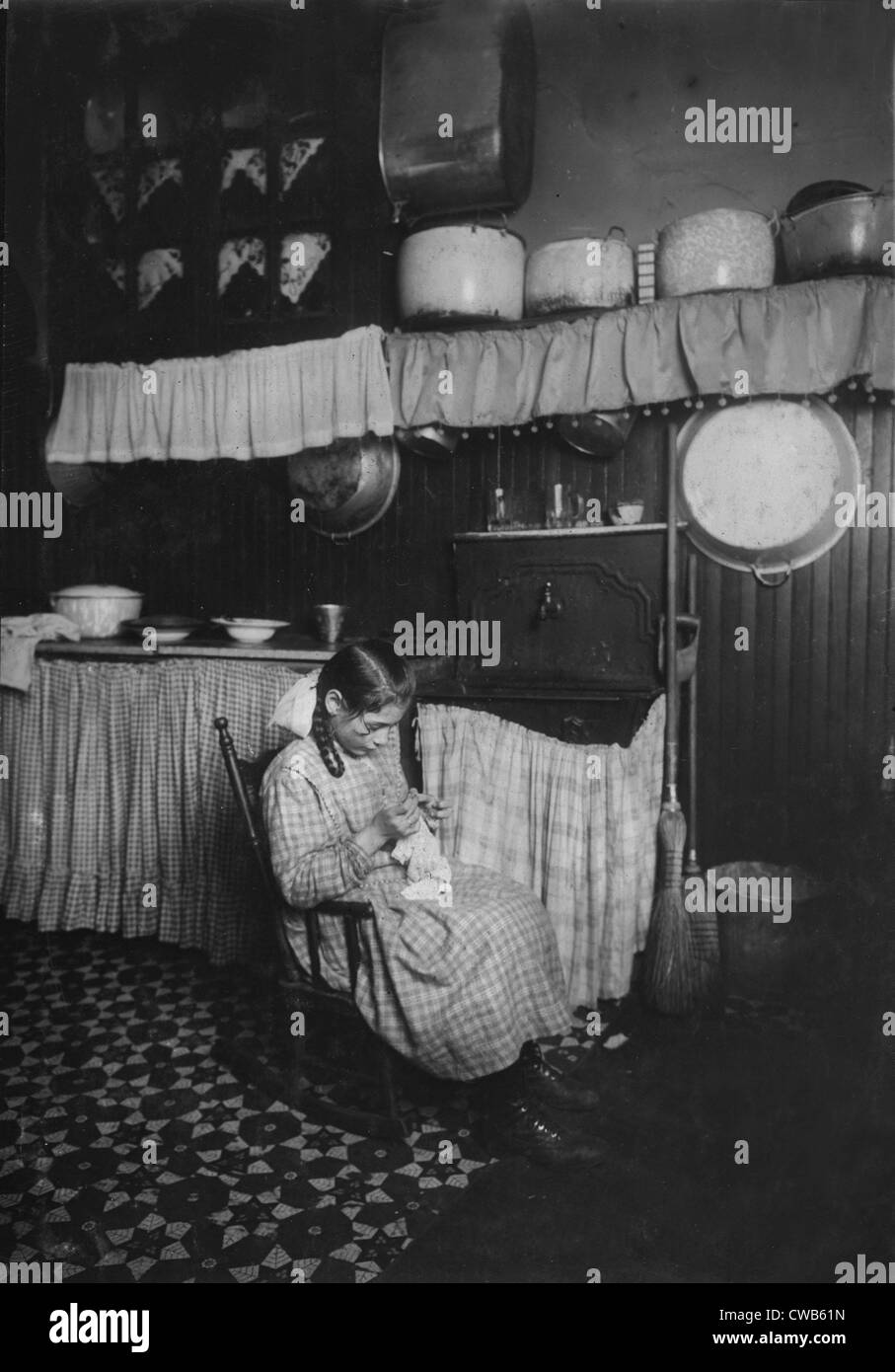 Child labor, original caption: 'Carmela Picciano, 311 E. 149th Street, 3rd floor rear. 12 years old. Making Irish lace for Stock Photo