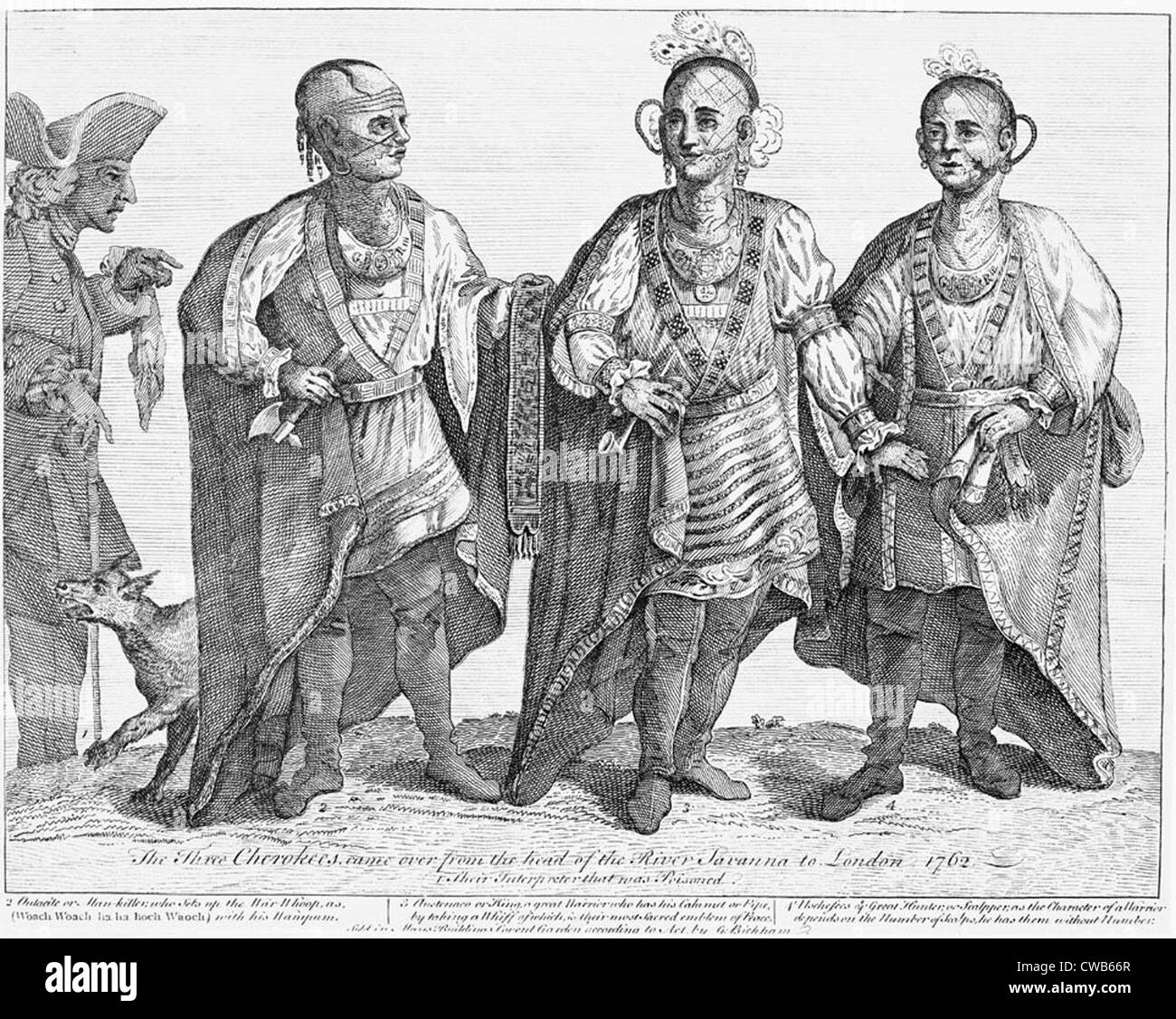 Cherokee Tribe. 'Three Cherokees Came Over from the Head of the River Savannah to London' Austenaco (second from right), Stock Photo