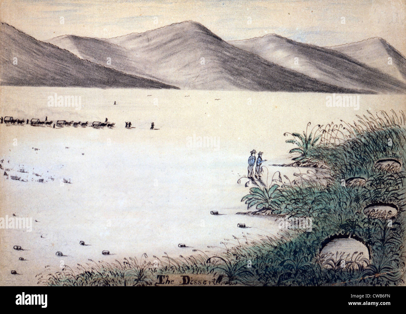 Wagon Train to the West. A wagon train of settlers crosses the Nevada desert. Daniel Jenks, color drawing, 1859 Stock Photo
