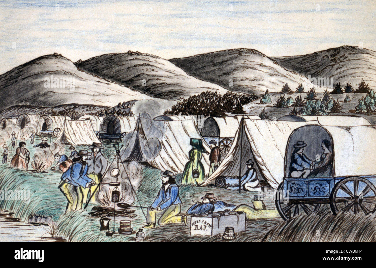 Wagon Train to the West. A wagon train of settlers camps on the Hymboldt River, Nevada Territory. Daniel Jenks, color drawing, Stock Photo