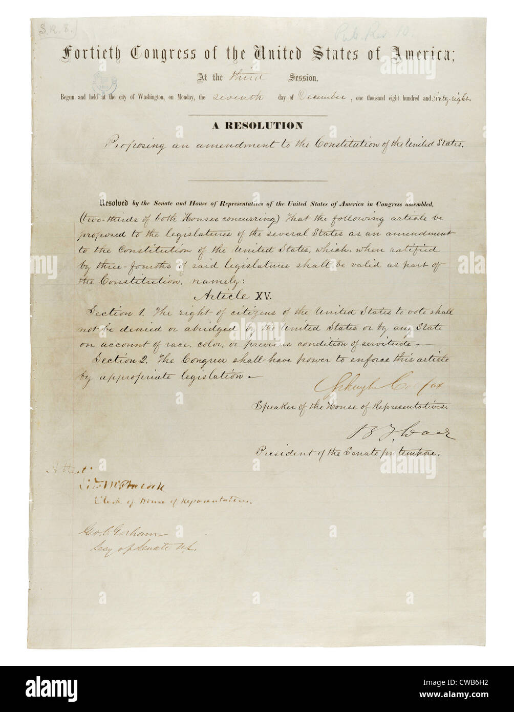 15th Amendment to the U.S. Constitution: Voting Rights (1870)Passed by Congress February 26, 1869, and ratified February 3, Stock Photo