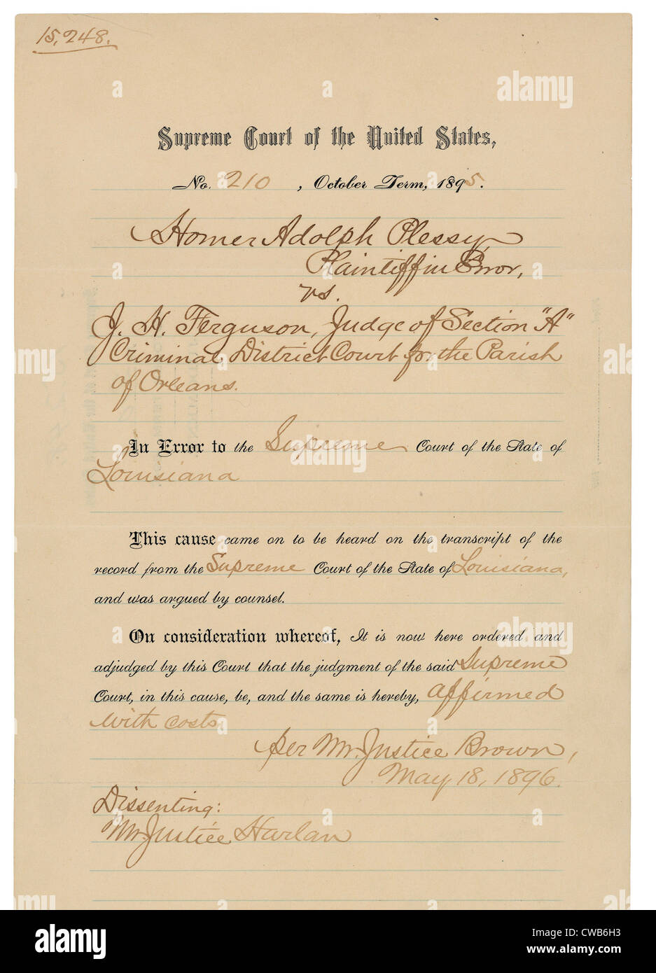 Plessy v. Ferguson (1896) The ruling in this Supreme Court case upheld a Louisiana state law that allowed for 'equal but Stock Photo