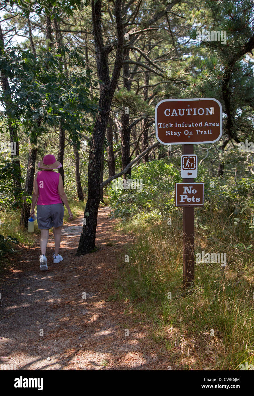 Wellfleet, Massachusetts - A sign warns of ticks on the Atlantic White Cedar Swamp hiking trail in Cape Cod National Seashore. Stock Photo