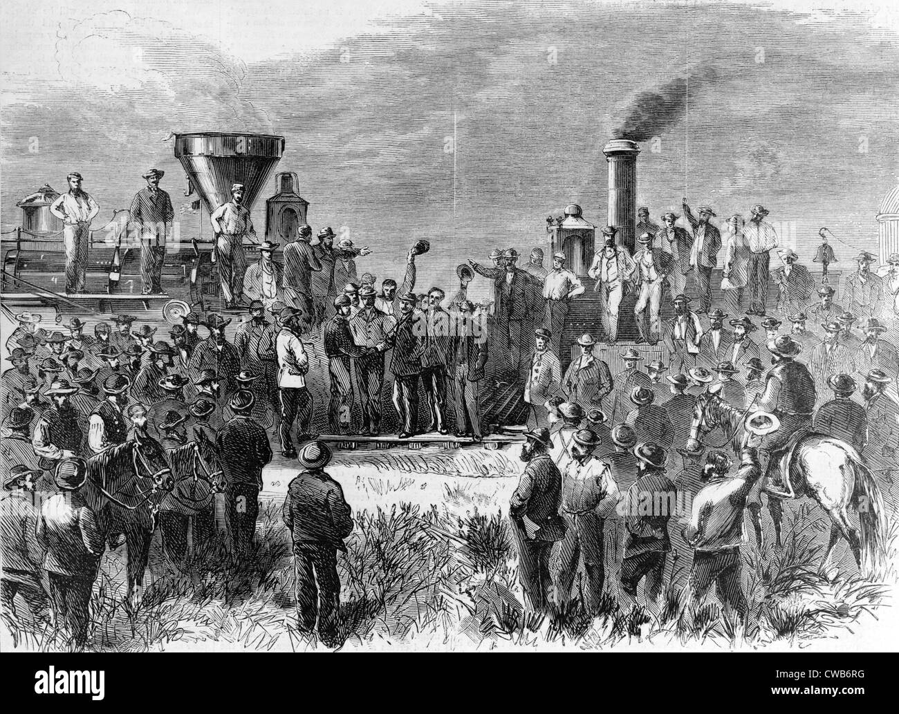 Completion of Pacific Railroad, meeting of locotives of the Union and Pacific lines, the engineers shake hands, wood engraving, Stock Photo
