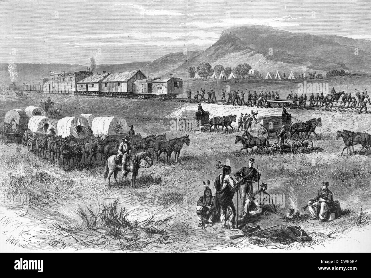 Railroad building on the great plains, wood engraving, by Alfred R. Waud, 1875 Stock Photo