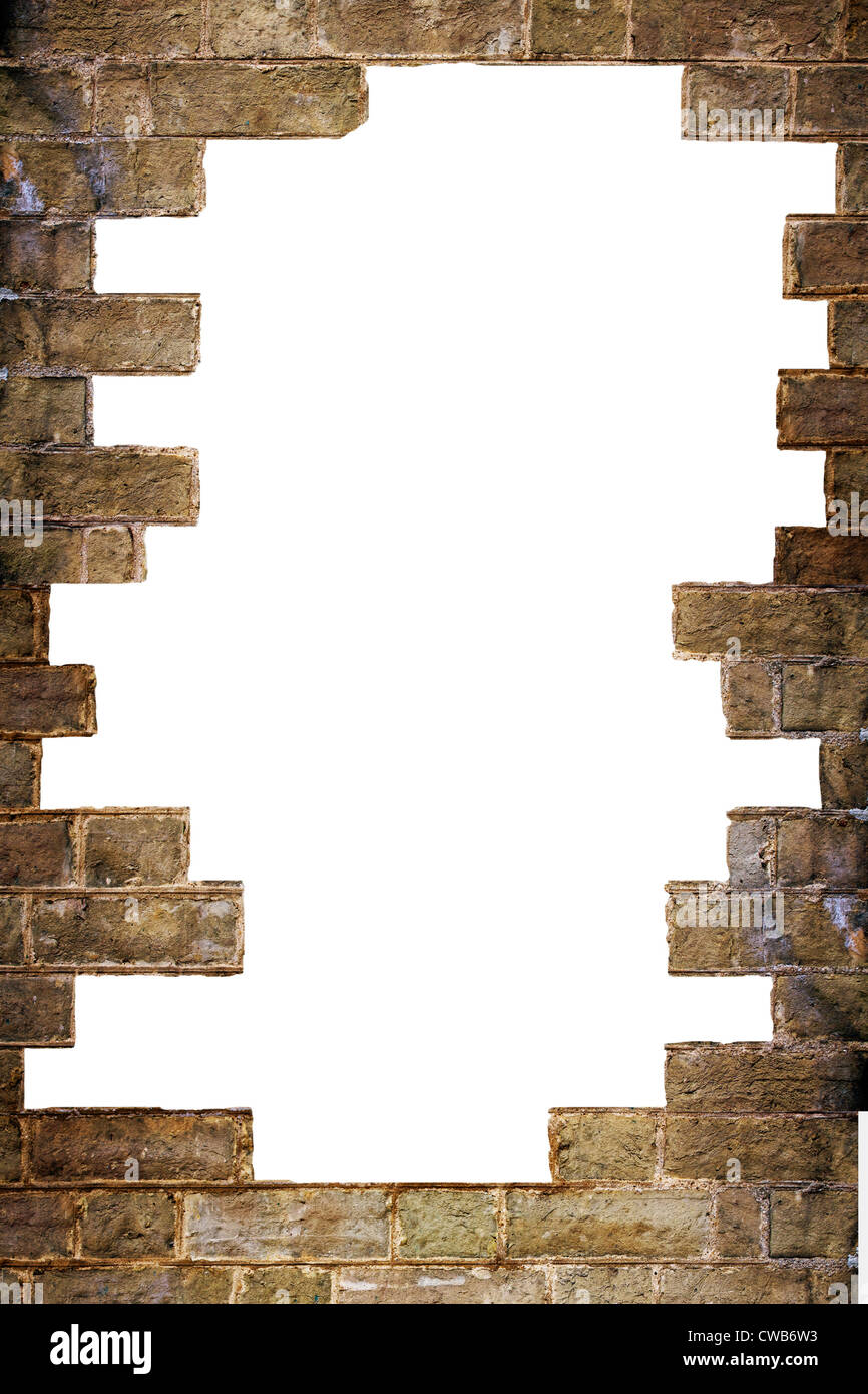 background texture of a very rough texture brick wall with a big hole in it Stock Photo