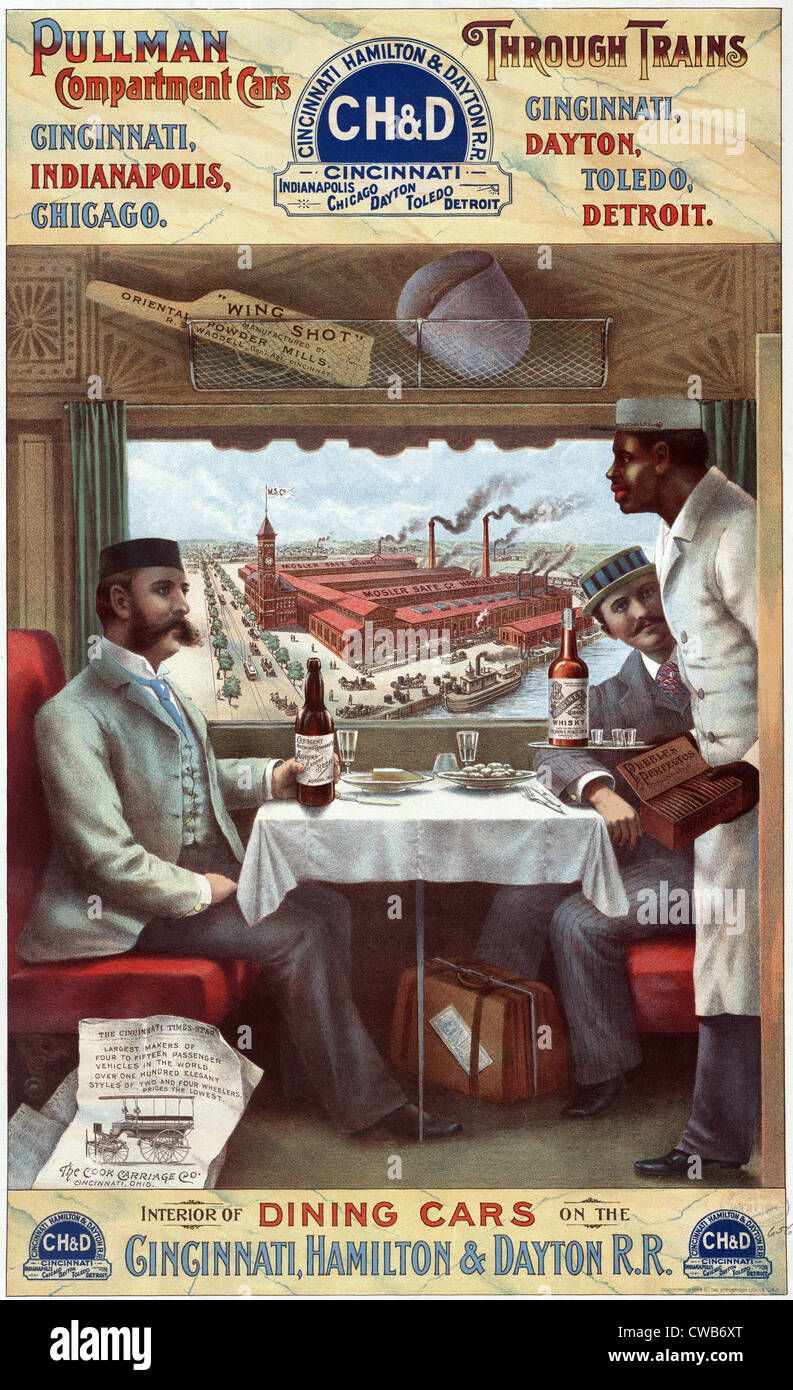 Pullman cars - interior of a dining car on the Cincinnati, Hamilton & Dayton R.R. Color lithograph, 1894 Stock Photo